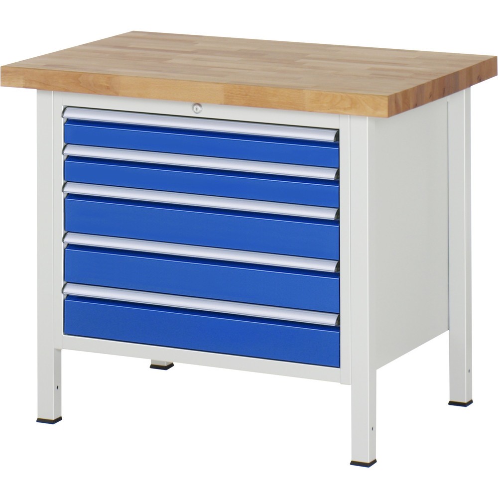 Produktabbildung: RAU Werkbank Serie 8000, HxBxT 840 x 1.000 x 700 mm, 5 x 100%-Auszug-Schubladen 2 x 90, 3 x 120 mm, Schubladen-TK 75 kg