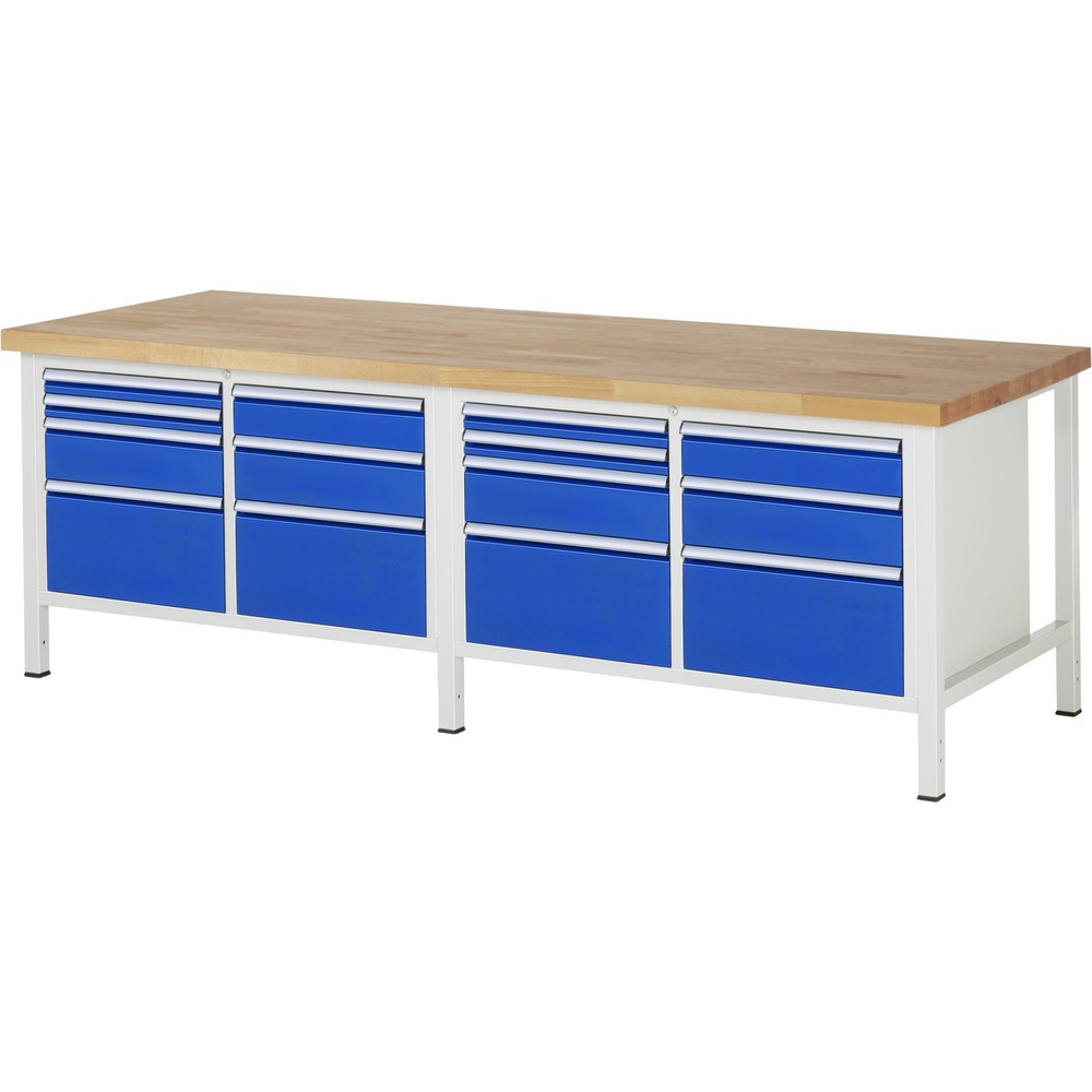 Produktabbildung Nr. 1: RAU Werkbank Serie 8000, 2 Doppel-Container, HxBxT 840-1.040 x 2.500 x 900 mm, 14 x 90%-Auszug-Schubladen