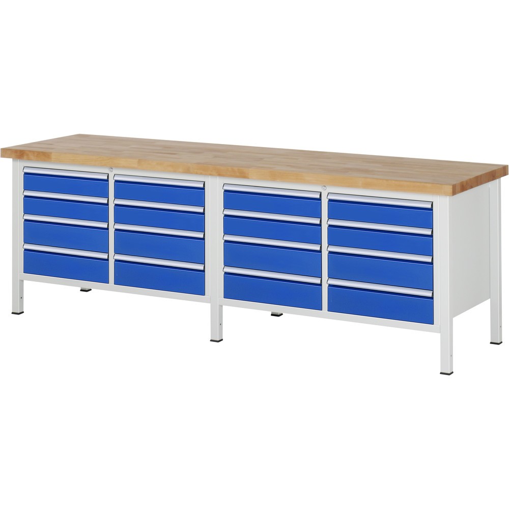 Produktabbildung: RAU Werkbank Serie 8000, 2 Doppel-Container, HxBxT 840-1.040 x 2.500 x 700 mm, 16 x 90%-Auszug-Schubladen