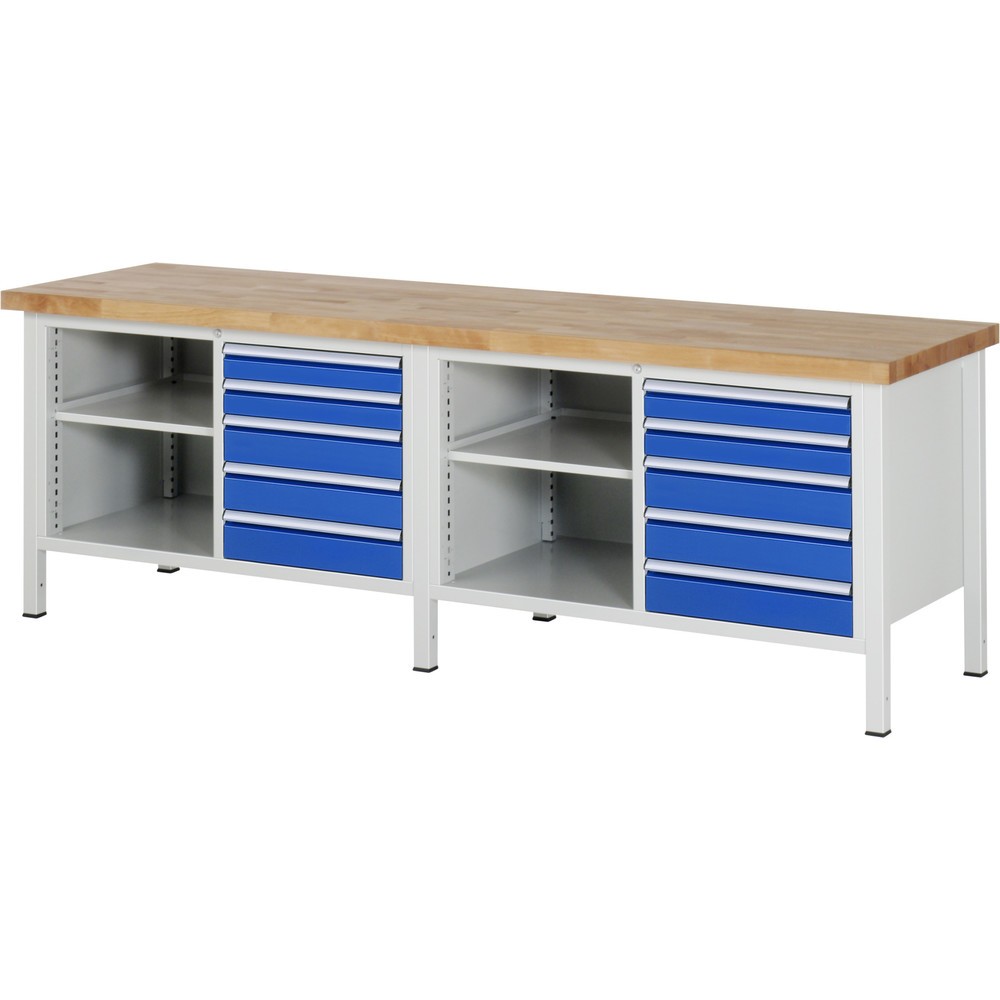 Produktabbildung Nr. 1: RAU Werkbank Serie 8000, 2 Doppel-Container, 2 Fachböden, HxBxT 840-1.040 x 2.500 x 700 mm, 10 x 90%-Auszug-Schubladen