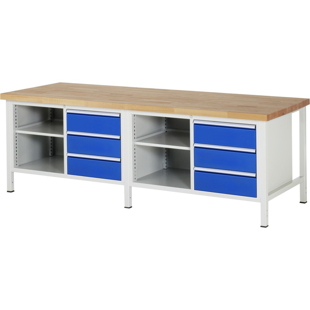Produktabbildung Nr. 1: RAU Werkbank Serie 8000, 2 Doppel-Container, 2 Fachböden, HxBxT 840 x 2.500 x 900 mm, 6 x 100%-Auszug-Schubladen