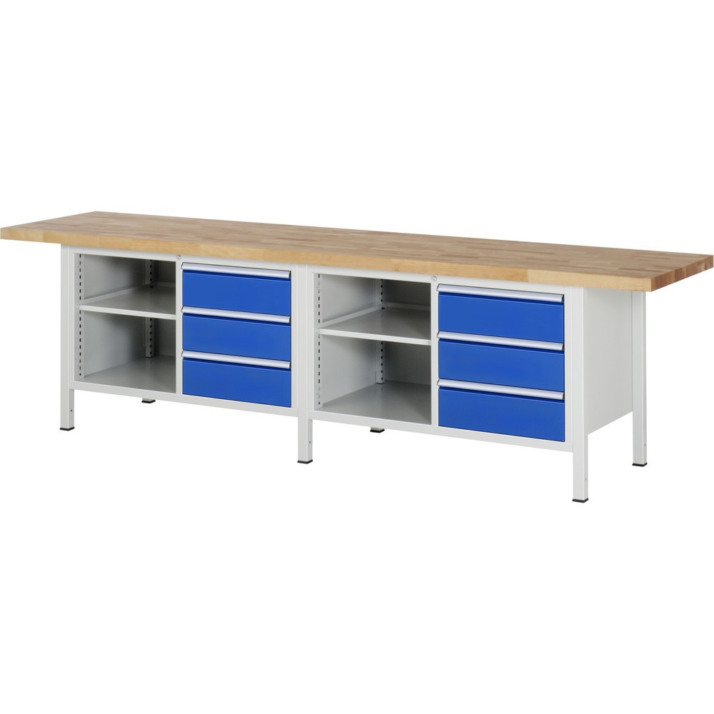 Produktabbildung Nr. 1: RAU Werkbank Serie 8000, 2 Doppel-Container, 2 Fachböden, HxBxT 840 x 3.000 x 700 mm, 6 x 90%-Auszug-Schubladen