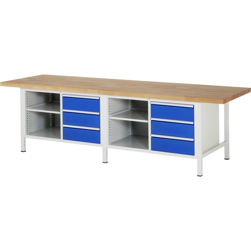 Produktabbildung Nr. 1: RAU Werkbank Serie 8000, 2 Doppel-Container, 2 Fachböden, HxBxT 840-1.040 x 3.000 x 900 mm, 6 x 100%-Auszug-Schubladen 6 x 180 mm