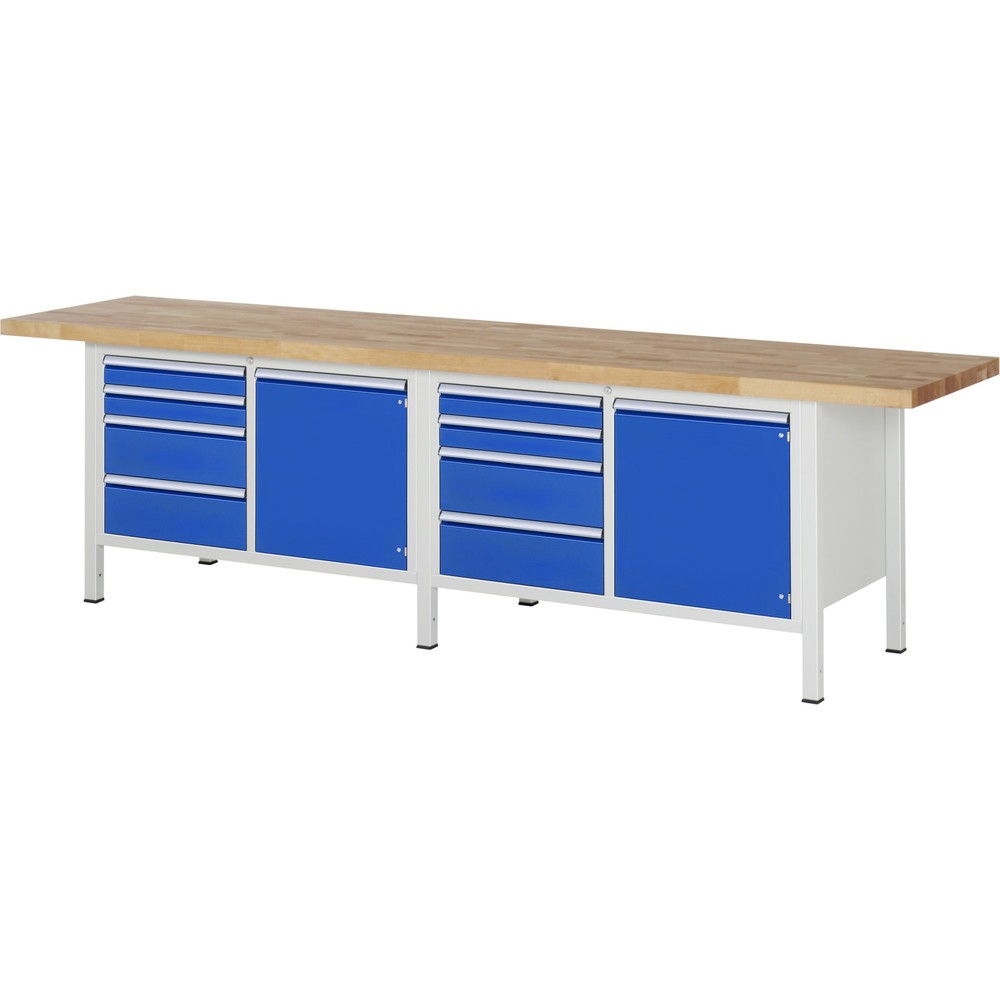 Produktabbildung: RAU Werkbank Serie 8000, 2 Doppel-Container, 2 Flügeltüren, HxBxT 840 x 3.000 x 700 mm, 8 x 90%-Auszug-Schubladen