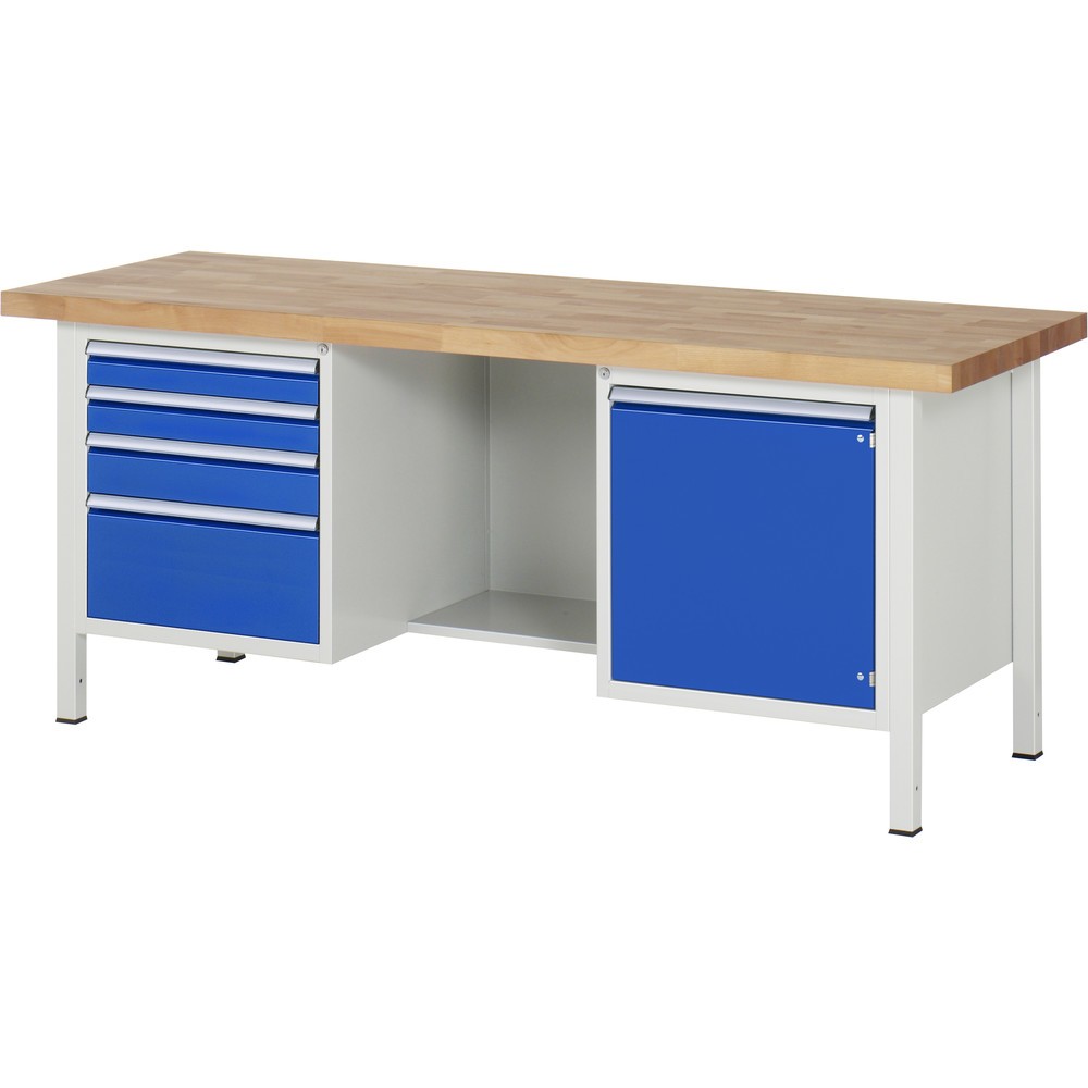 Produktabbildung: RAU Werkbank Serie 8000, 2 Container, 1 Ablageboden, 1 Flügeltür, HxBxT 840-1.040 x 2.000 x 700 mm, 4 x 90%-Auszug-Schubladen 2 x 90, 1 x 120, 1 x 240 mm