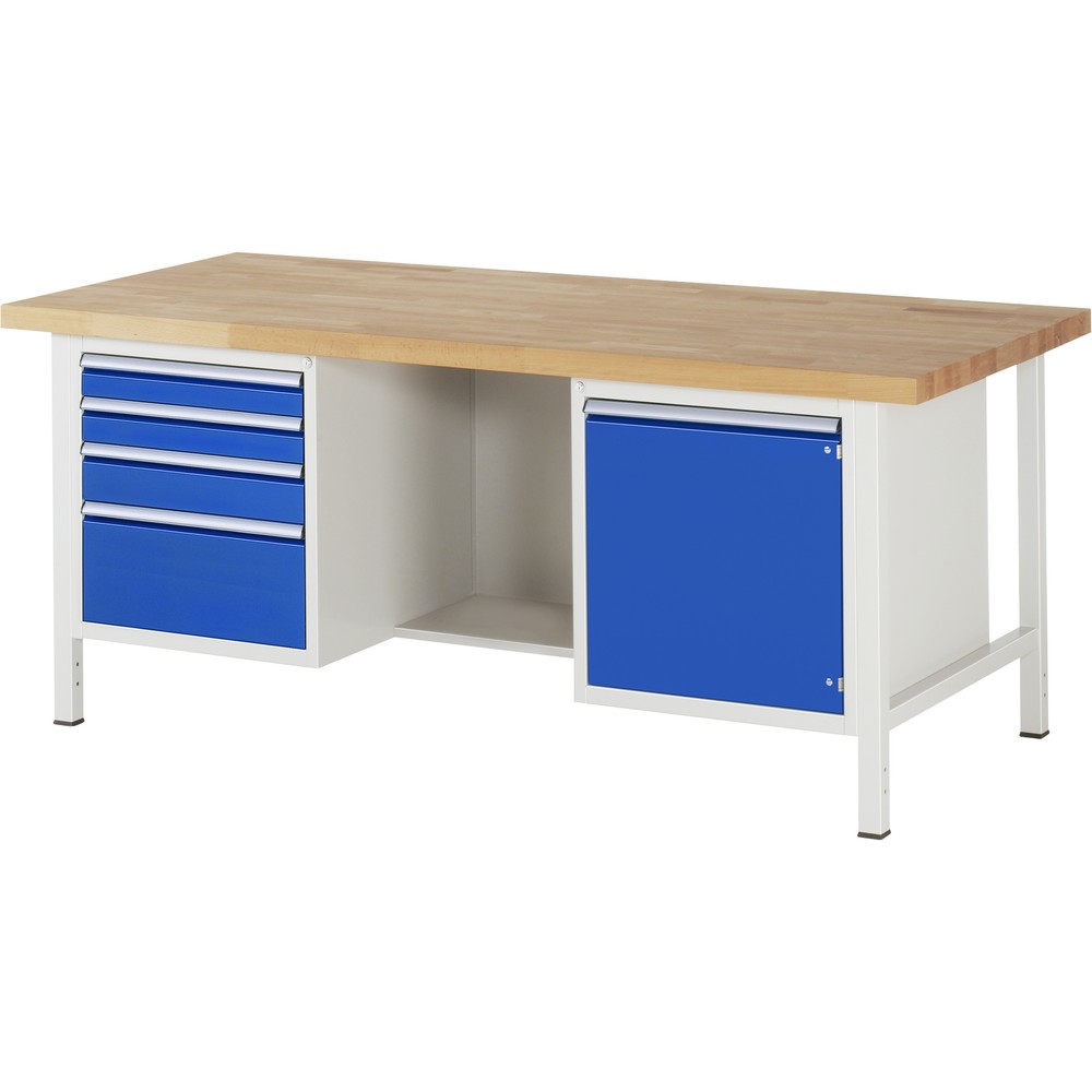 Produktabbildung: RAU Werkbank Serie 8000, 2 Container, 1 Ablageboden, 1 Flügeltür, HxBxT 840-1.040 x 2.000 x 900 mm, 4 x 90%-Auszug-Schubladen 2 x 90, 1 x 120, 1 x 240 mm