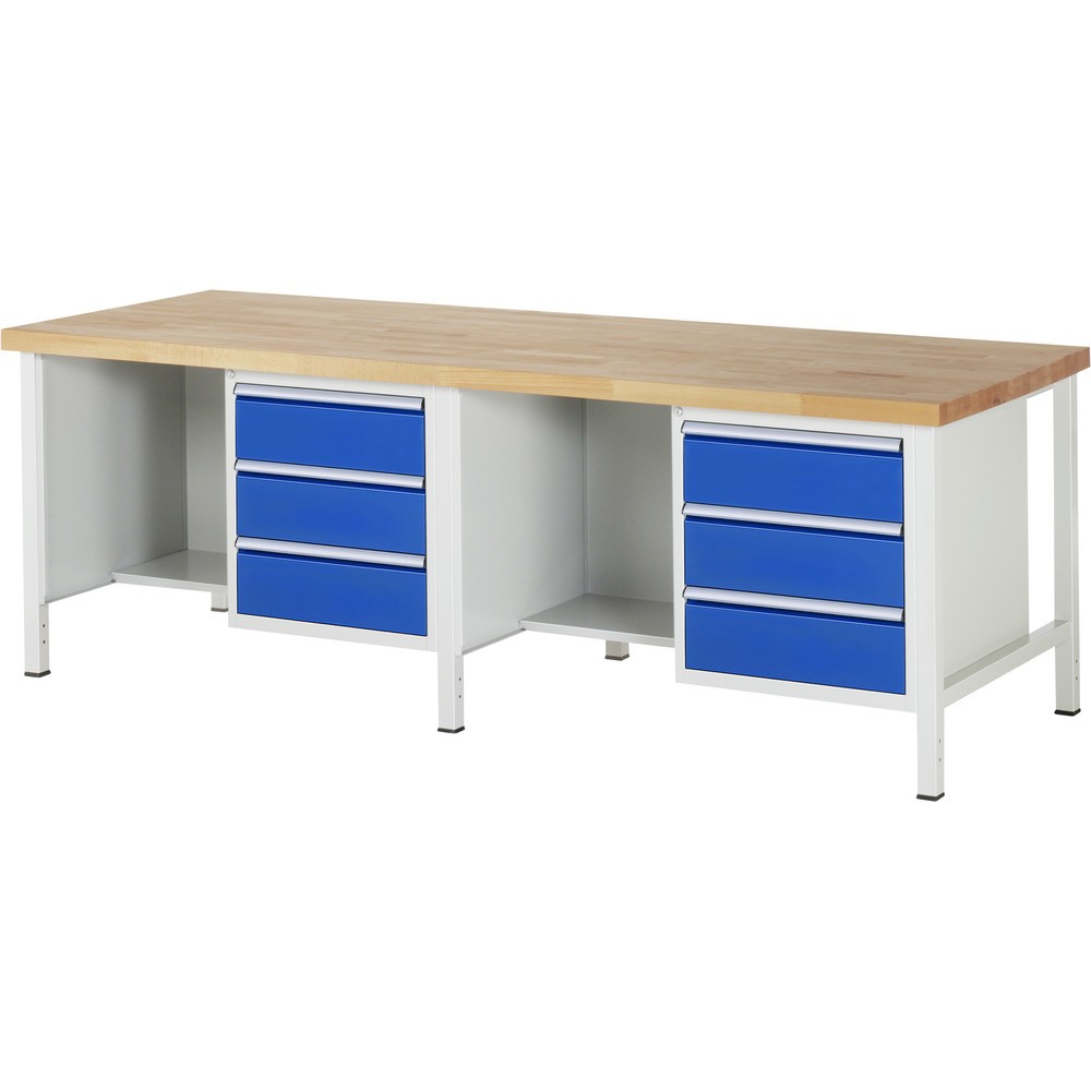 Produktabbildung Nr. 1: RAU Werkbank Serie 8000, 2 Container, 1 Ablageboden, HxBxT 840-1.040 x 2.500 x 900 mm, 6 x 90%-Auszug-Schubladen