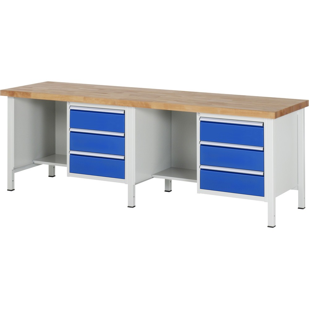 Produktabbildung: RAU Werkbank Serie 8000, 2 Container, 1 Ablageboden, HxBxT 840-1.040 x 2.500 x 700 mm, 6 x 90%-Auszug-Schubladen