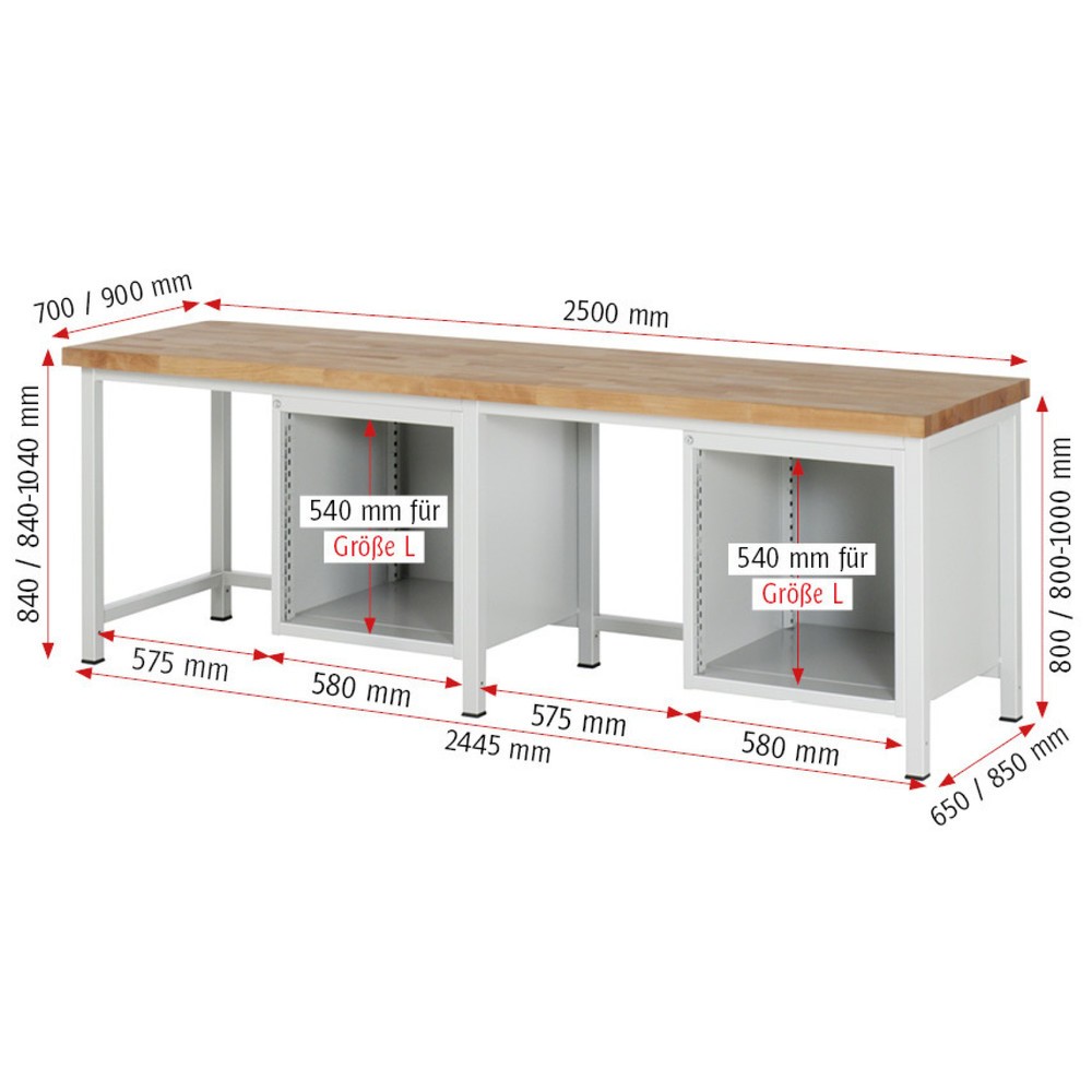 Produktabbildung Nr. 4: RAU Werkbank Serie 8000, 2 Container, HxBxT 840-1.040 x 2.500 x 700 mm, 6 x 100%-Auszug-Schubladen 2 x 120, 2 x 180, 2 x 240 mm