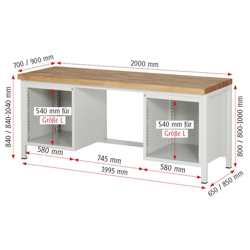 Produktabbildung Nr. 6: RAU Werkbank Serie 8000, 2 Container, HxBxT 840-1.040 x 2.000 x 700 mm, 8 x 90%-Auszug-Schubladen 4 x 90, 2 x 150, 2 x 210 mm