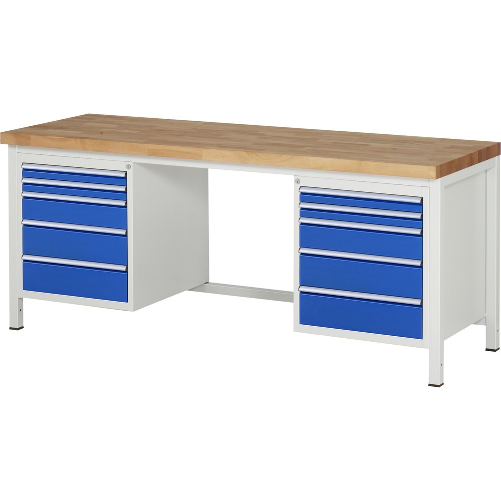 Produktabbildung: RAU Werkbank Serie 8000, 2 Container, HxBxT 840-1.040 x 2.000 x 700 mm, 10 x 100%-Auszug-Schubladen 4 x 60, 2 x 120, 4 x 150 mm