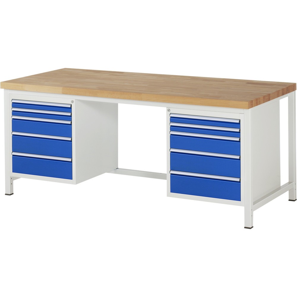 Produktabbildung: RAU Werkbank Serie 8000, 2 Container, HxBxT 840 x 2.000 x 900 mm, 10 x 90%-Auszug-Schubladen 4 x 60, 2 x 120, 4 x 150 mm