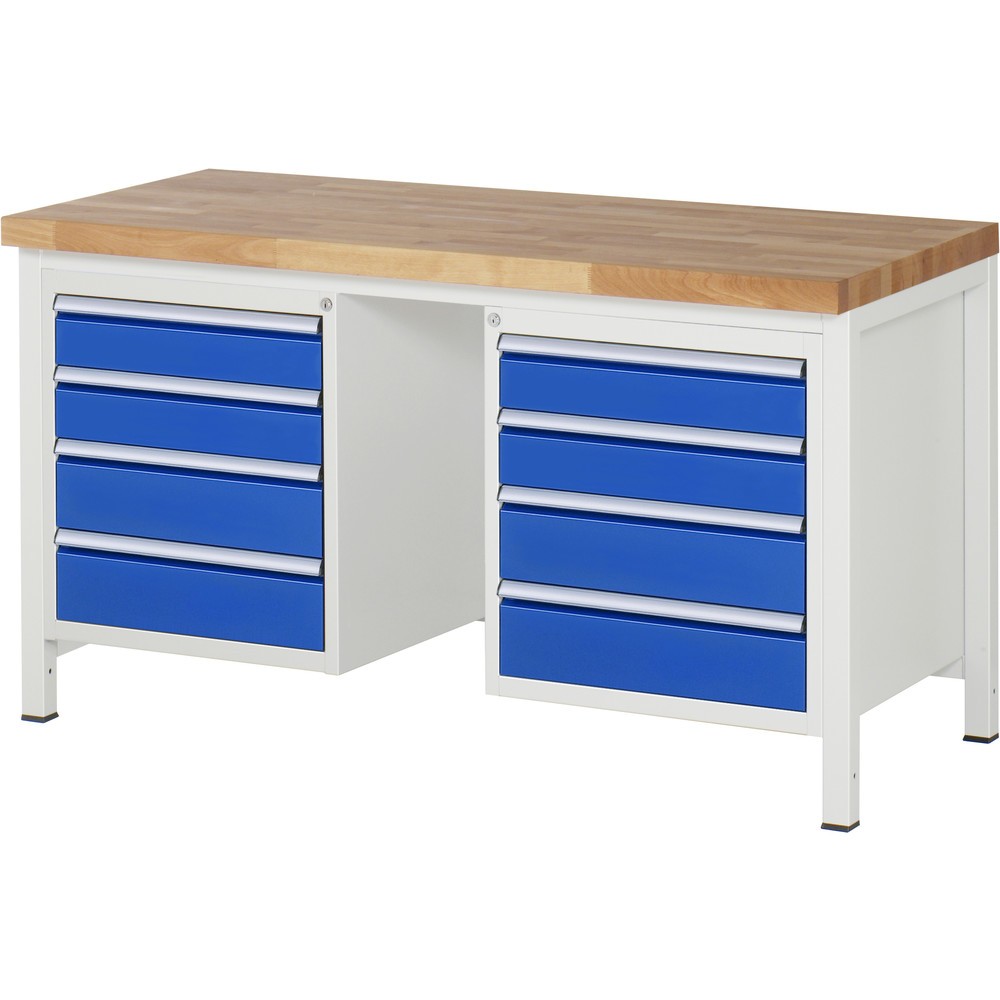 Produktabbildung: RAU Werkbank Serie 8000, 2 Container, HxBxT 840-1.040 x 1.500 x 700 mm, 8 x 90%-Auszug-Schubladen 4 x 120, 4 x 150 mm