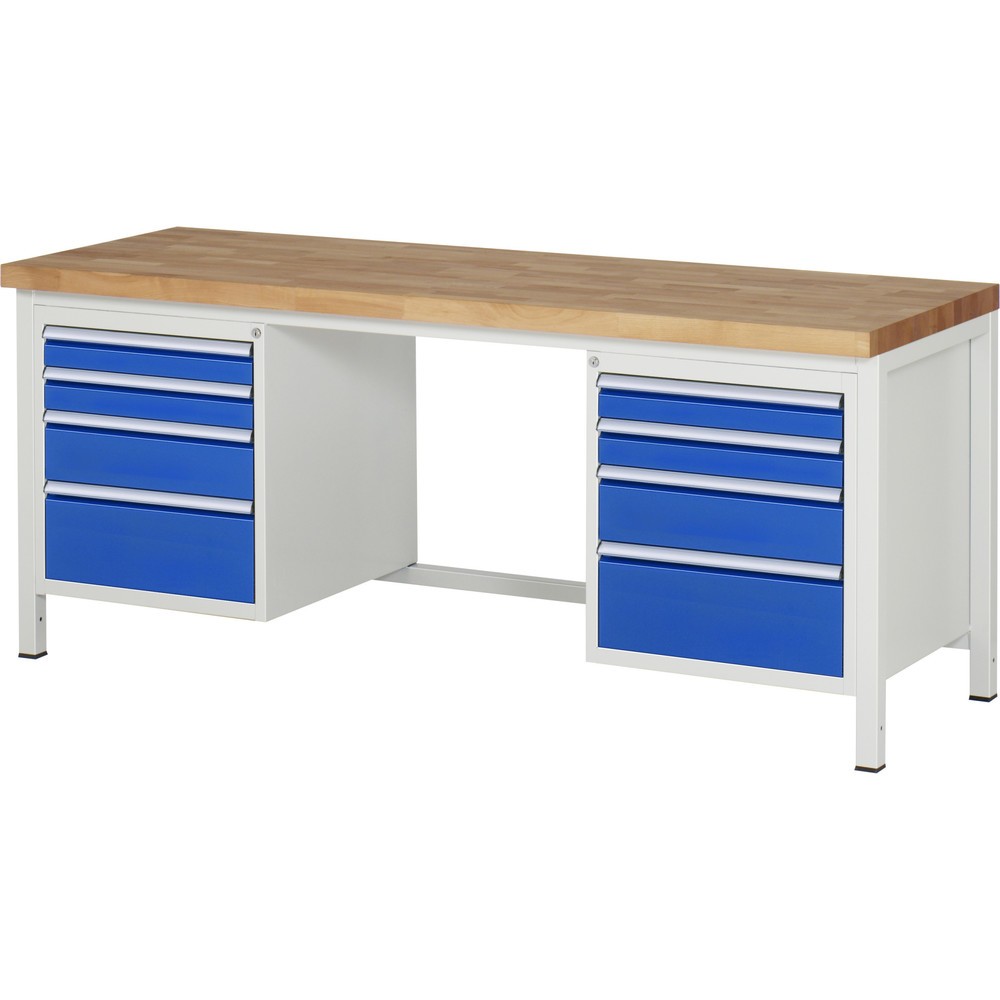 Produktabbildung Nr. 1: RAU Werkbank Serie 8000, 2 Container, HxBxT 840-1.040 x 2.000 x 700 mm, 8 x 90%-Auszug-Schubladen 4 x 90, 2 x 150, 2 x 210 mm
