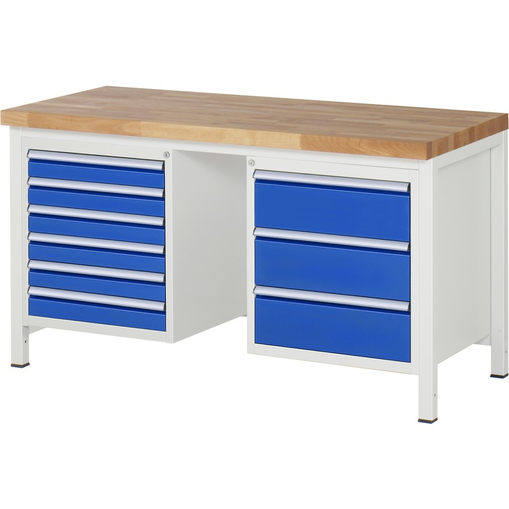 Produktabbildung: RAU Werkbank Serie 8000, 2 Container, HxBxT 840 x 1.500 x 700 mm, 9 x 90%-Auszug-Schubladen