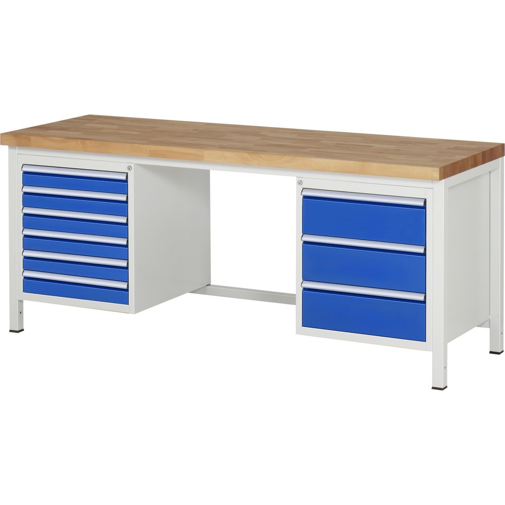 Produktabbildung Nr. 1: RAU Werkbank Serie 8000, 2 Container, HxBxT 840-1.040 x 2.000 x 700 mm, 9 x 90%-Auszug-Schubladen