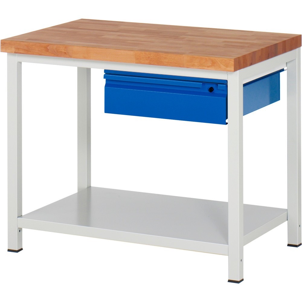 Produktabbildung Nr. 1: RAU Werkbank Serie 8000, Buche-Massiv-Arbeitsplatte, Stärke 40 mm, HxBxT 840 x 1.000 x 700 mm, 1 Schublade, 1 Ablageboden Tiefe 650 mm