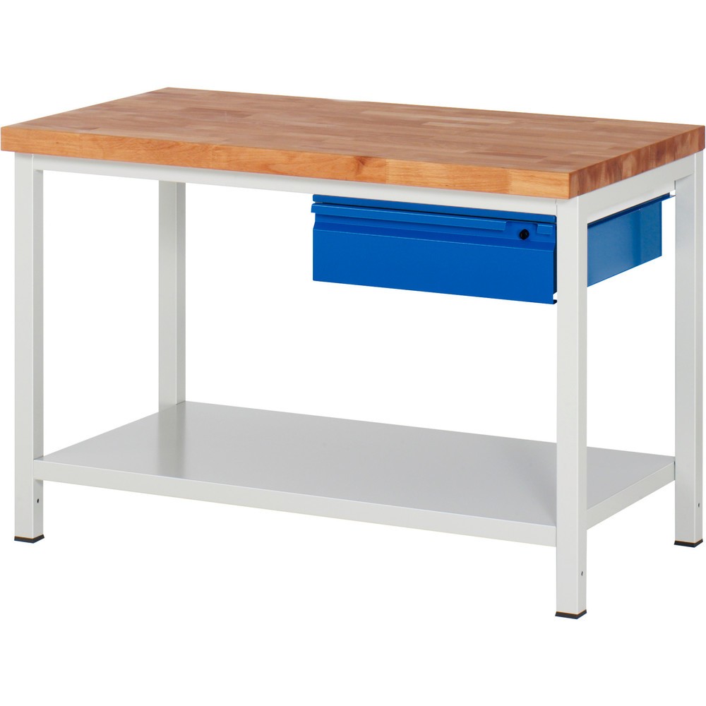 Produktabbildung Nr. 1: RAU Werkbank Serie 8000, Buche-Massiv-Arbeitsplatte, Stärke 40 mm, HxBxT 840 x 1.250 x 700 mm, 1 Schublade, 1 Ablageboden Tiefe 650 mm