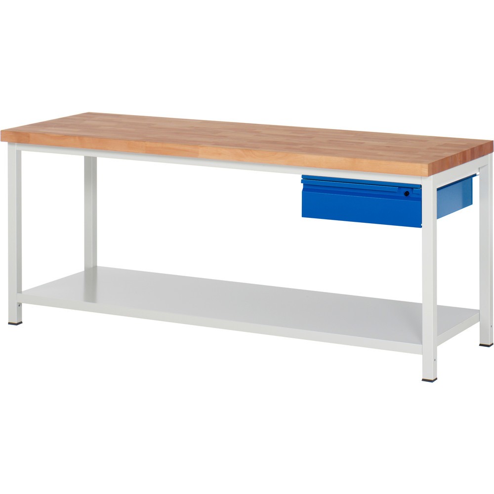 Produktabbildung Nr. 1: RAU Werkbank Serie 8000, Buche-Massiv-Arbeitsplatte, Stärke 40 mm, HxBxT 840-1.040 x 2.000 x 700 mm, 1 Schublade, 1 Ablageboden Tiefe 650 mm
