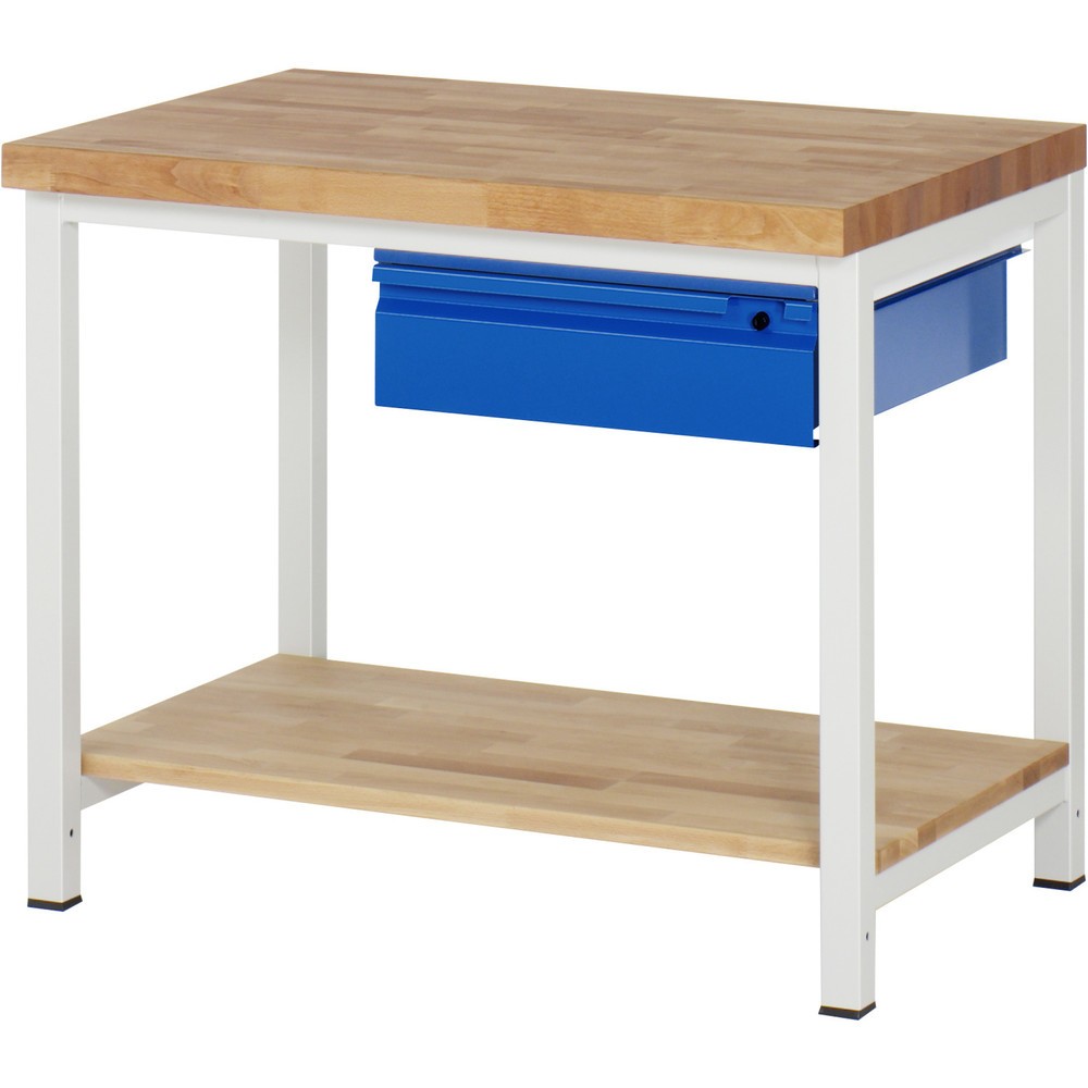 Produktabbildung: RAU Werkbank Serie 8000, Buche-Massiv-Arbeitsplatte, Stärke 40 mm, HxBxT 840-1.040 x 1.000 x 700 mm, 1 Schublade, 1 Ablageboden Tiefe 557 mm