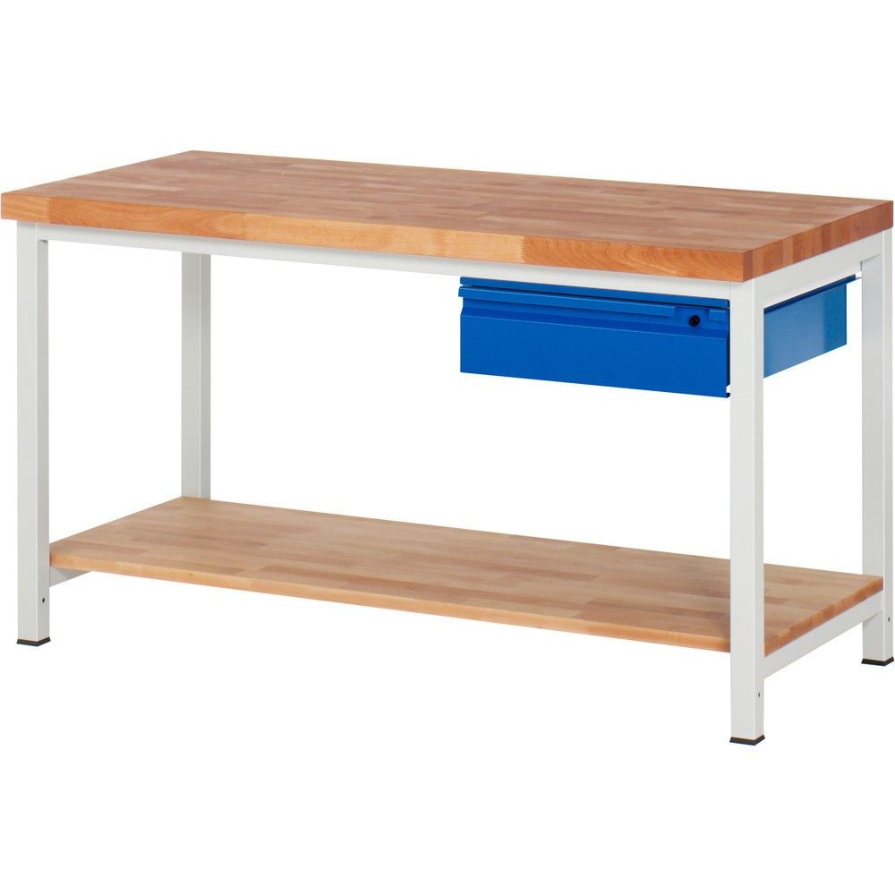 Produktabbildung Nr. 1: RAU Werkbank Serie 8000, Buche-Massiv-Arbeitsplatte, Stärke 40 mm, HxBxT 840-1.040 x 1.500 x 700 mm, 1 Schublade, 1 Ablageboden Tiefe 557 mm