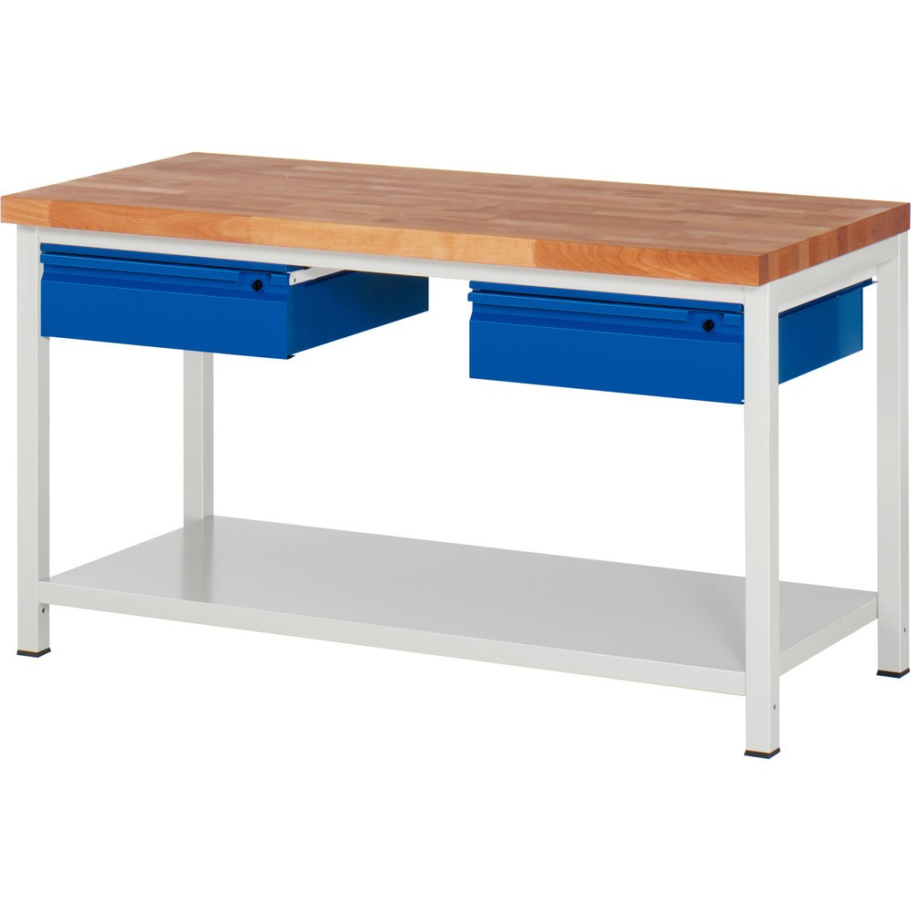 Produktabbildung Nr. 1: RAU Werkbank Serie 8000, Buche-Massiv-Arbeitsplatte, Stärke 40 mm, HxBxT 840 x 1.500 x 700 mm, 2 Schubladen, 1 Ablageboden Tiefe 650 mm