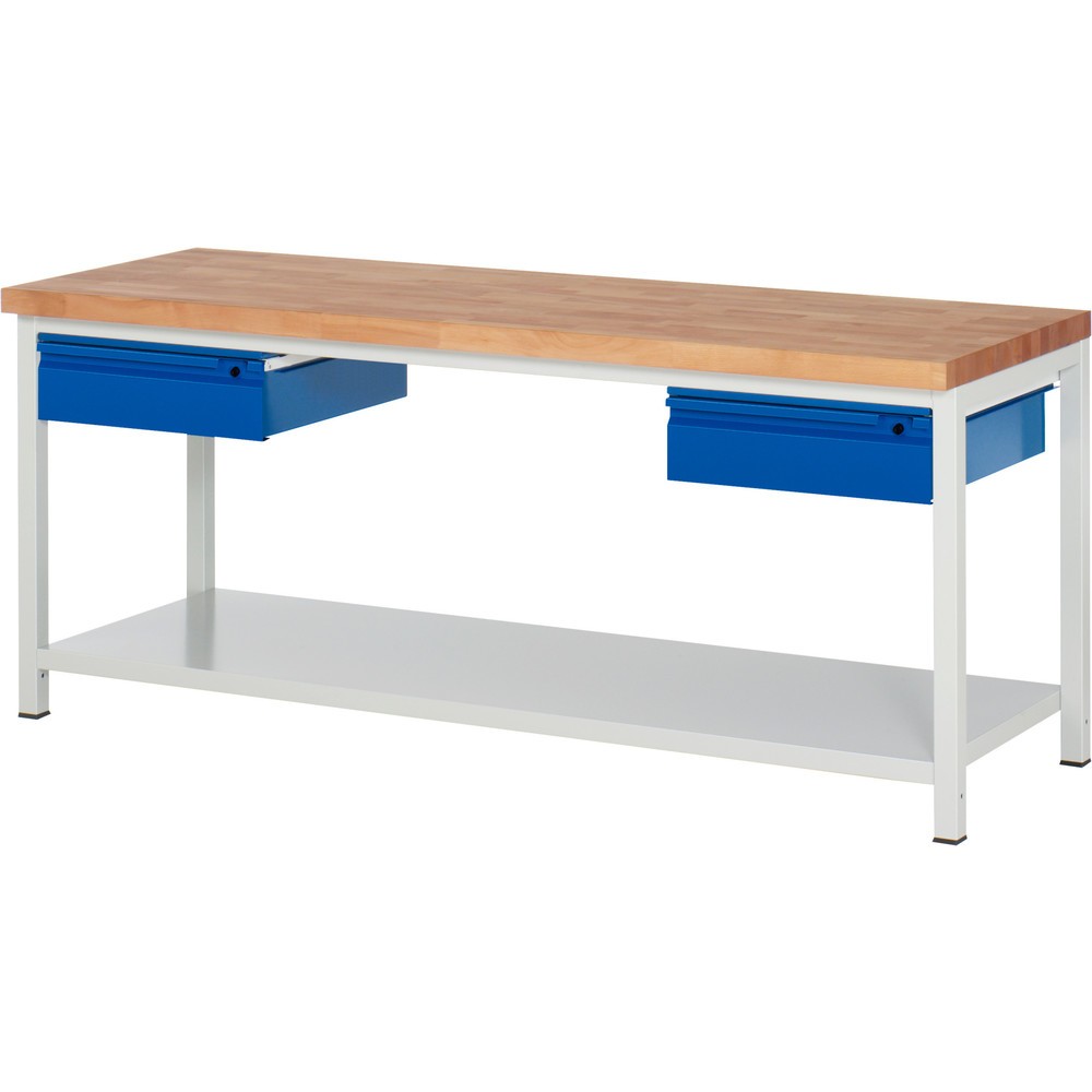 Produktabbildung Nr. 1: RAU Werkbank Serie 8000, Buche-Massiv-Arbeitsplatte, Stärke 40 mm, HxBxT 840-1.040 x 2.000 x 700 mm, 2 Schubladen, 1 Ablageboden Tiefe 650 mm