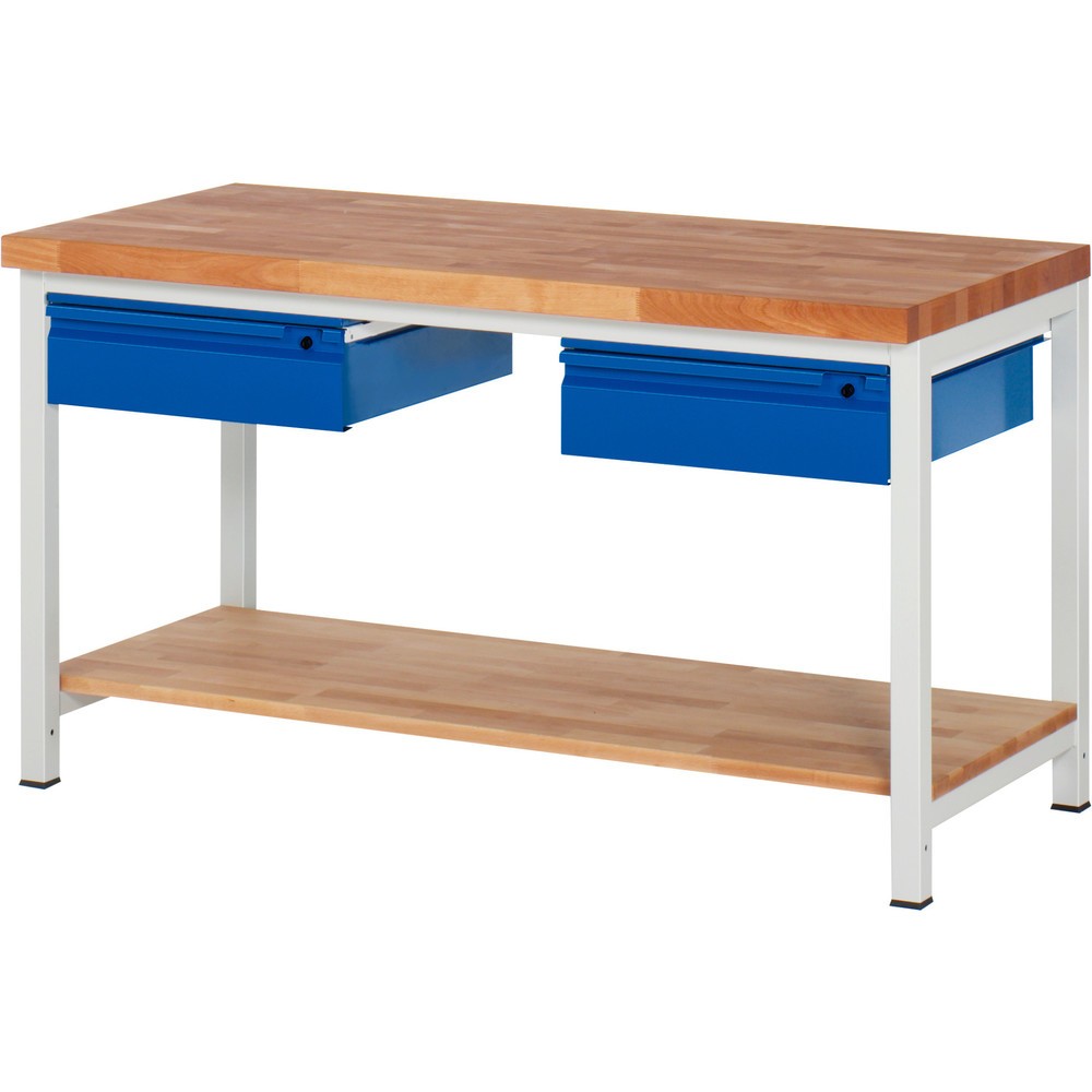 Produktabbildung Nr. 1: RAU Werkbank Serie 8000, Buche-Massiv-Arbeitsplatte, Stärke 40 mm, HxBxT 840-1.040 x 1.500 x 700 mm, 2 Schubladen, 1 Ablageboden Tiefe 557 mm