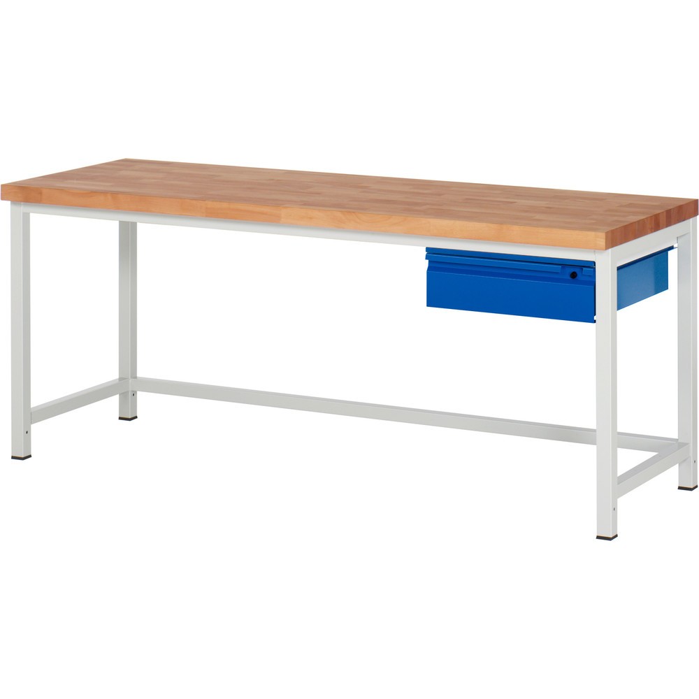 Produktabbildung Nr. 1: RAU Werkbank Serie 8000, Buche-Massiv-Arbeitsplatte, Stärke 40 mm, HxBxT 840-1.040 x 2.000 x 700 mm, 1 Schublade 1 x 150 mm