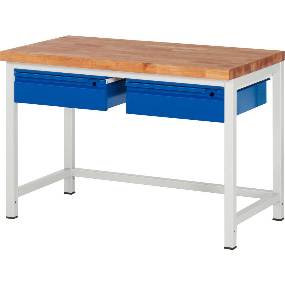 Produktabbildung Nr. 1: RAU Werkbank Serie 8000, Buche-Massiv-Arbeitsplatte, Stärke 40 mm, HxBxT 840 x 1.250 x 700 mm, 2 Schubladen 2 x 150 mm