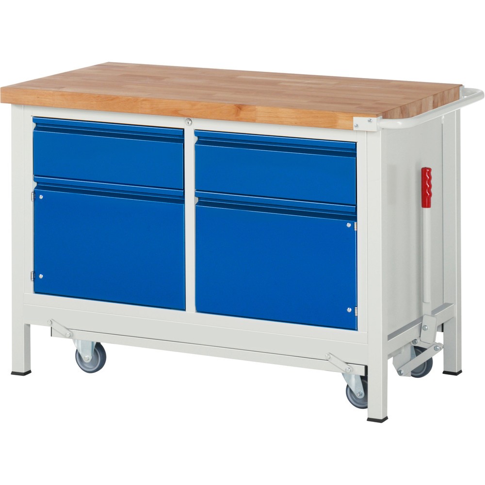 Produktabbildung Nr. 1: RAU Werkbank Serie 8000 mit absenkbarem Fahrgestell, 1 Doppel-Container, HxBxT 880 x 1.250 x 700 mm, 2 Schubladen, 1 Fachboden, integrierte Griffleiste