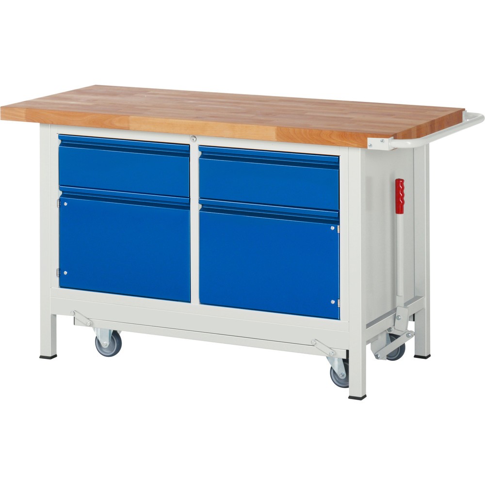 Produktabbildung Nr. 1: RAU Werkbank Serie 8000 mit absenkbarem Fahrgestell, 1 Doppel-Container, HxBxT 880 x 1.500 x 700 mm, 2 Schubladen, 1 Fachboden, integrierte Griffleiste