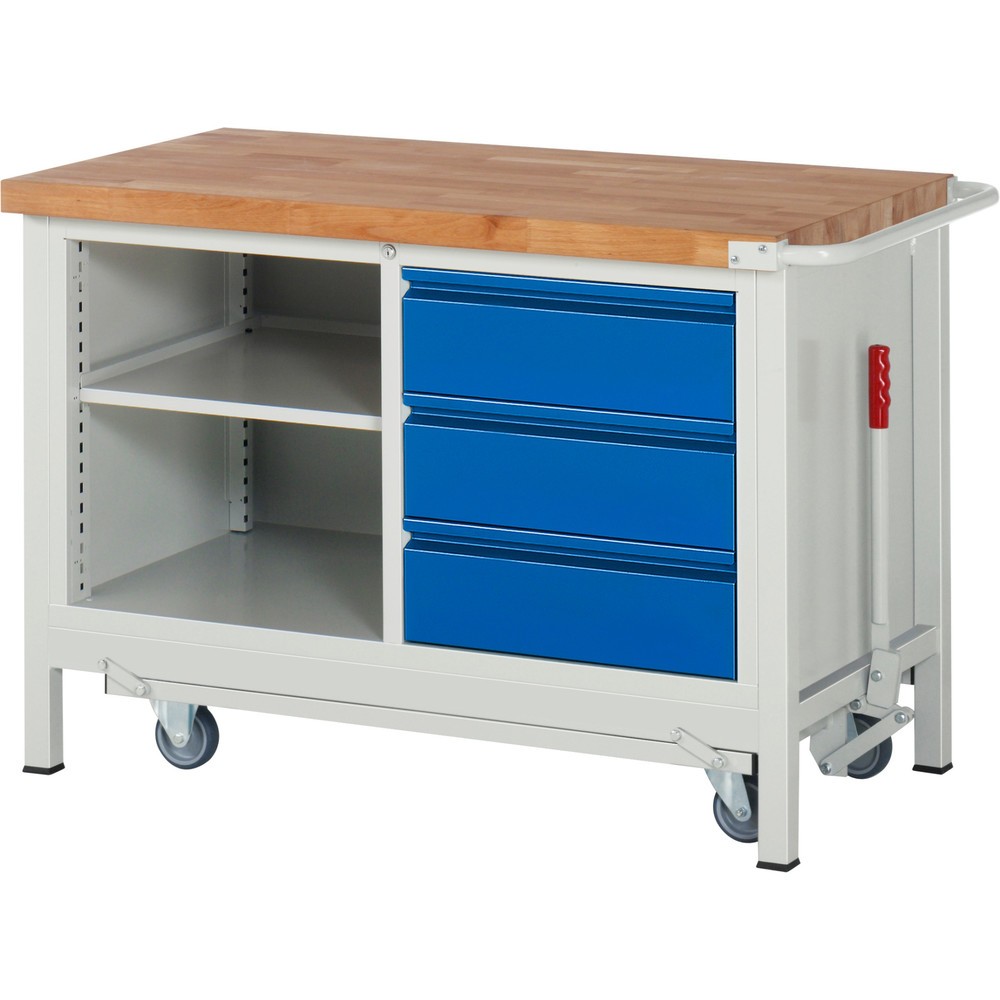 Produktabbildung: RAU Werkbank Serie 8000 mit absenkbarem Fahrgestell, 1 Doppel-Container, HxBxT 880 x 1.250 x 700 mm, 1 Fachboden, 3 x 90%-Auszug-Schubladen, integrierte Griffleiste
