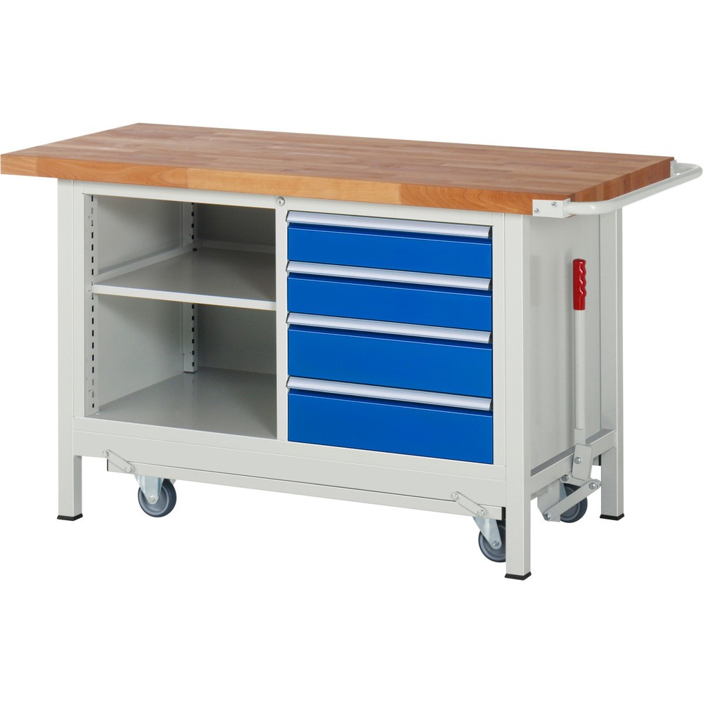 Produktabbildung Nr. 1: RAU Werkbank Serie 8000 mit absenkbarem Fahrgestell, 1 Doppel-Container, HxBxT 880 x 1.500 x 700 mm, 4 x 90%-Auszug-Schubladen, 1 Fachboden