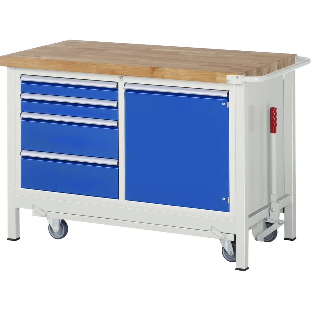 Produktabbildung: RAU Werkbank Serie 8000 mit absenkbarem Fahrgestell, 1 Doppel-Container, HxBxT 880 x 1.250 x 700 mm, 4 x 100%-Auszug-Schubladen, 1 Flügeltür, 1 Fachboden