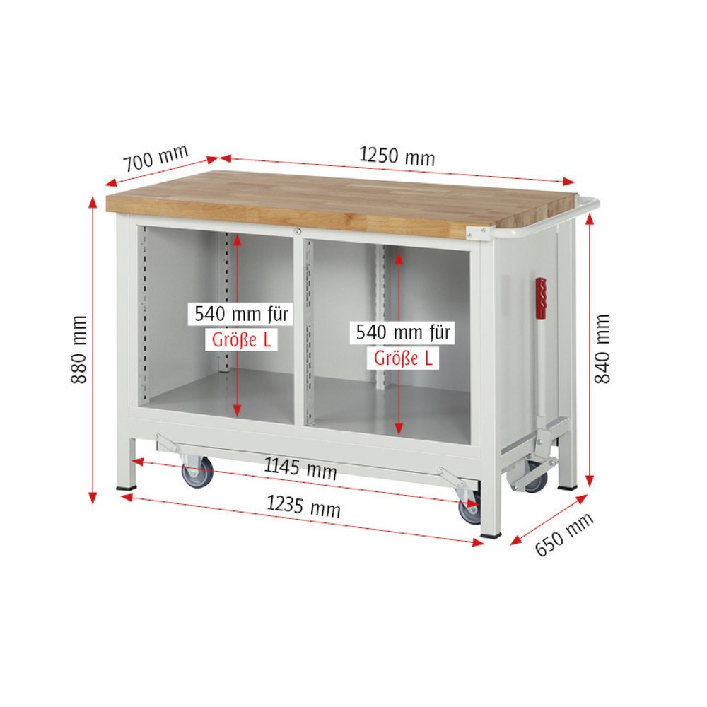 Produktabbildung Nr. 7: RAU Werkbank Serie 8000 mit absenkbarem Fahrgestell, 1 Doppel-Container, HxBxT 880 x 1.250 x 700 mm, 2 Schubladen 2 x 180 mm, 1 Flügeltür
