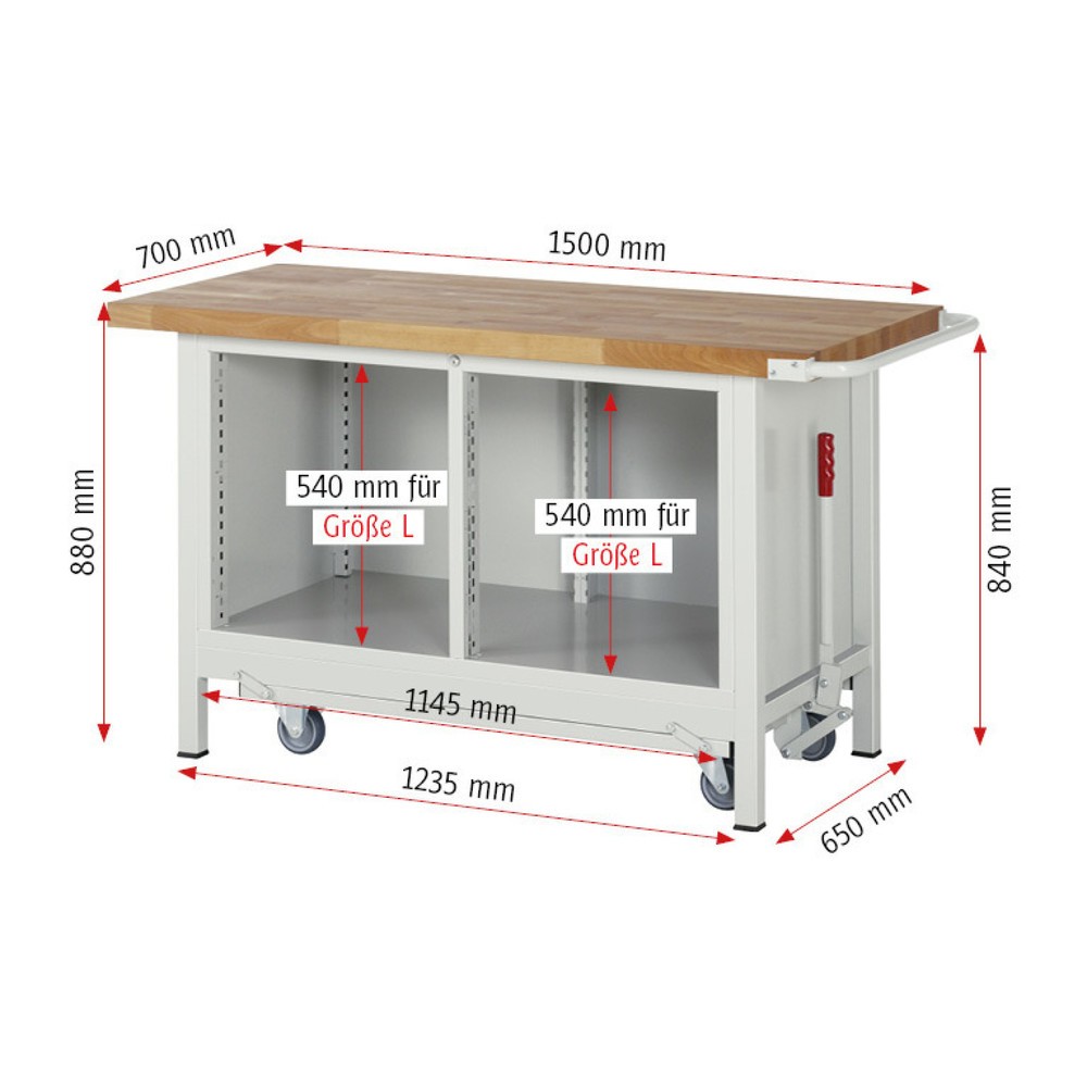 Produktabbildung Nr. 7: RAU Werkbank Serie 8000 mit absenkbarem Fahrgestell, 1 Doppel-Container, HxBxT 880 x 1.500 x 700 mm, 2 Schubladen 2 x 180 mm, 1 Flügeltür