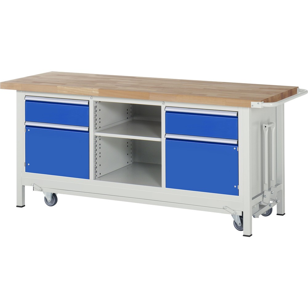 Produktabbildung Nr. 1: RAU Werkbank Serie 8000 mit absenkbarem Fahrgestell, 1 Dreifach-Container, HxBxT 880 x 2.000 x 700 mm, 2 x 90%-Auszug-Schubladen 2 x 180 mm, 1 Fachboden, 2 Flügeltüren, ErgoScript