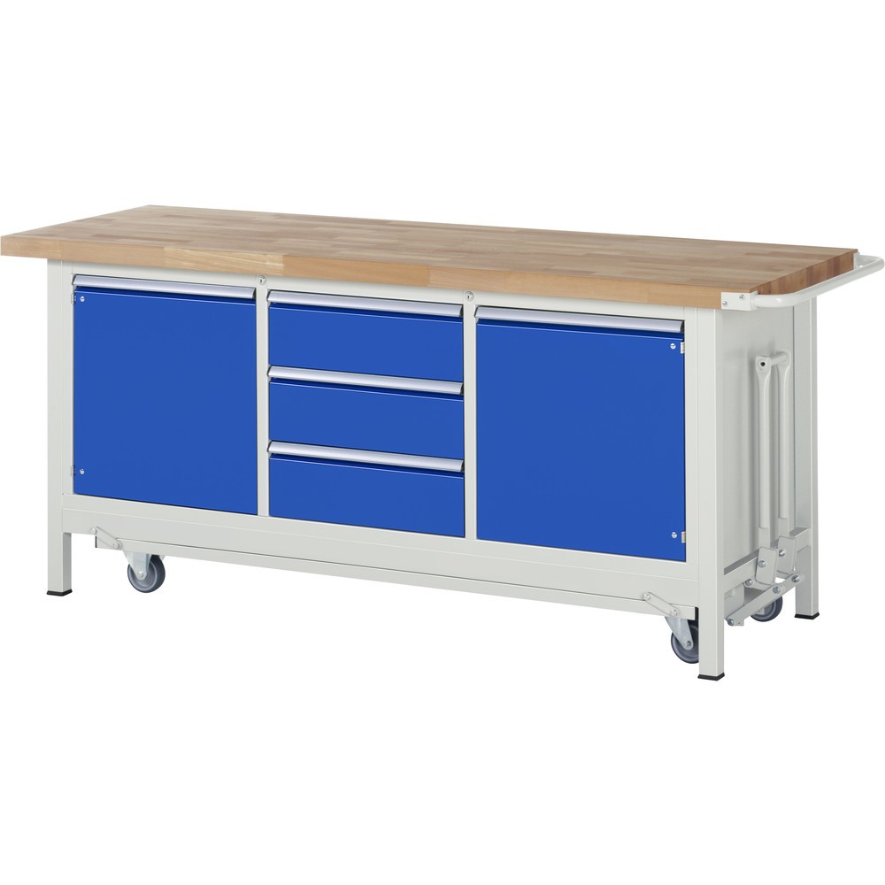 Produktabbildung Nr. 1: RAU Werkbank Serie 8000 mit absenkbarem Fahrgestell, 1 Dreifach-Container, HxBxT 880 x 2.000 x 700 mm, 2 Flügeltüren, 3 x 90%-Auszug-Schubladen, ErgoScript