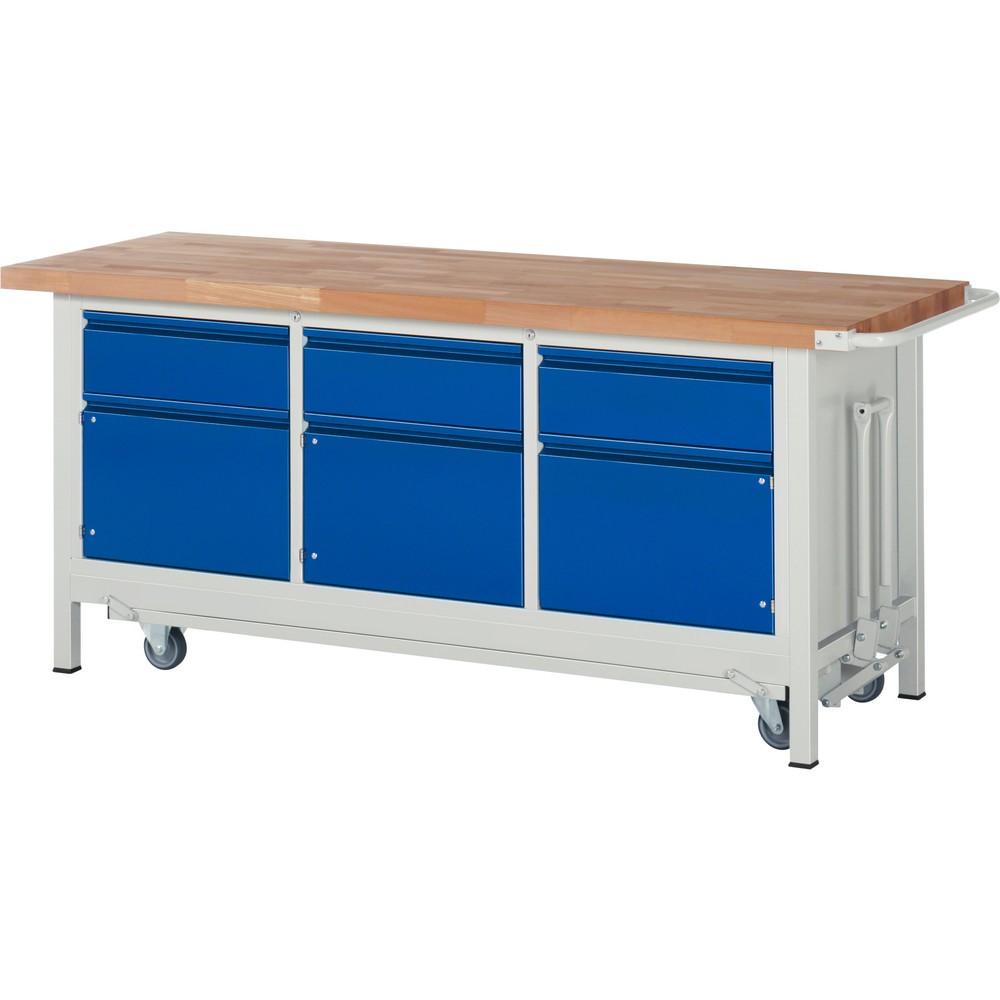 Produktabbildung Nr. 1: RAU Werkbank Serie 8000 mit absenkbarem Fahrgestell, 1 Dreifach-Container, HxBxT 880 x 2.000 x 700 mm, 3 Schubladen, 3 Flügeltüren