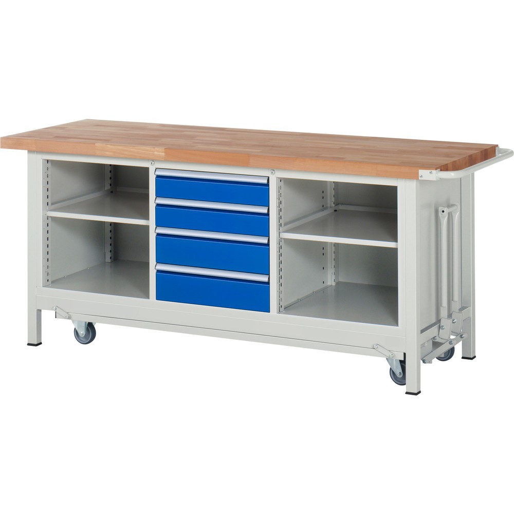 Produktabbildung: RAU Werkbank Serie 8000 mit absenkbarem Fahrgestell, 1 Dreifach-Container, HxBxT 880 x 2.000 x 700 mm, 4 x 90%-Auszug-Schubladen, 2 Fachböden