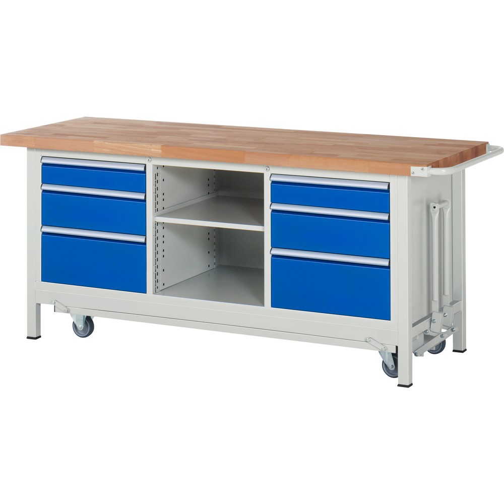 Produktabbildung: RAU Werkbank Serie 8000 mit absenkbarem Fahrgestell, 1 Dreifach-Container, HxBxT 880 x 2.000 x 700 mm, 6 x 100%-Auszug-Schubladen 2 x 120 mm, 2 x 150 mm, 2 x 270 mm, 1 Fachboden