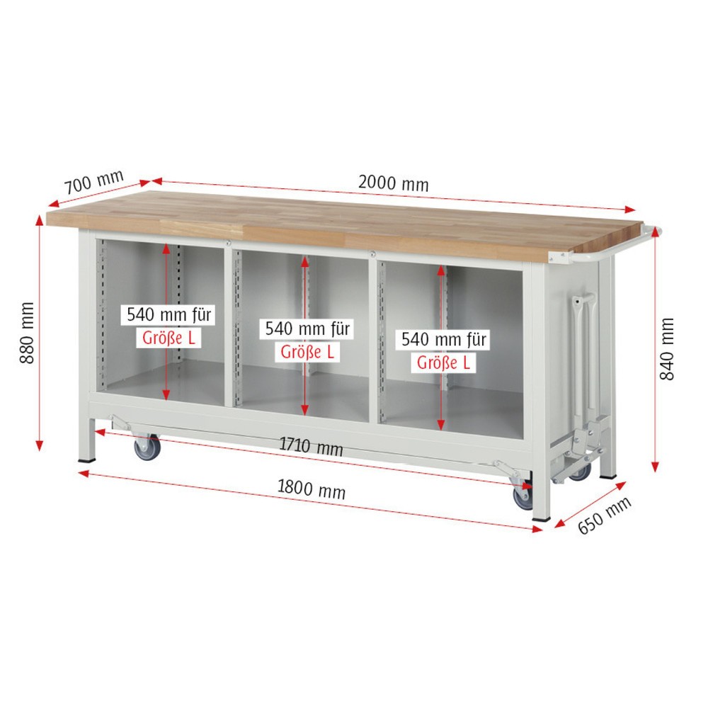 Produktabbildung Nr. 7: RAU Werkbank Serie 8000 mit absenkbarem Fahrgestell, 1 Dreifach-Container, HxBxT 880 x 2.000 x 700 mm, 2 Flügeltüren, 3 x 100%-Auszug-Schubladen