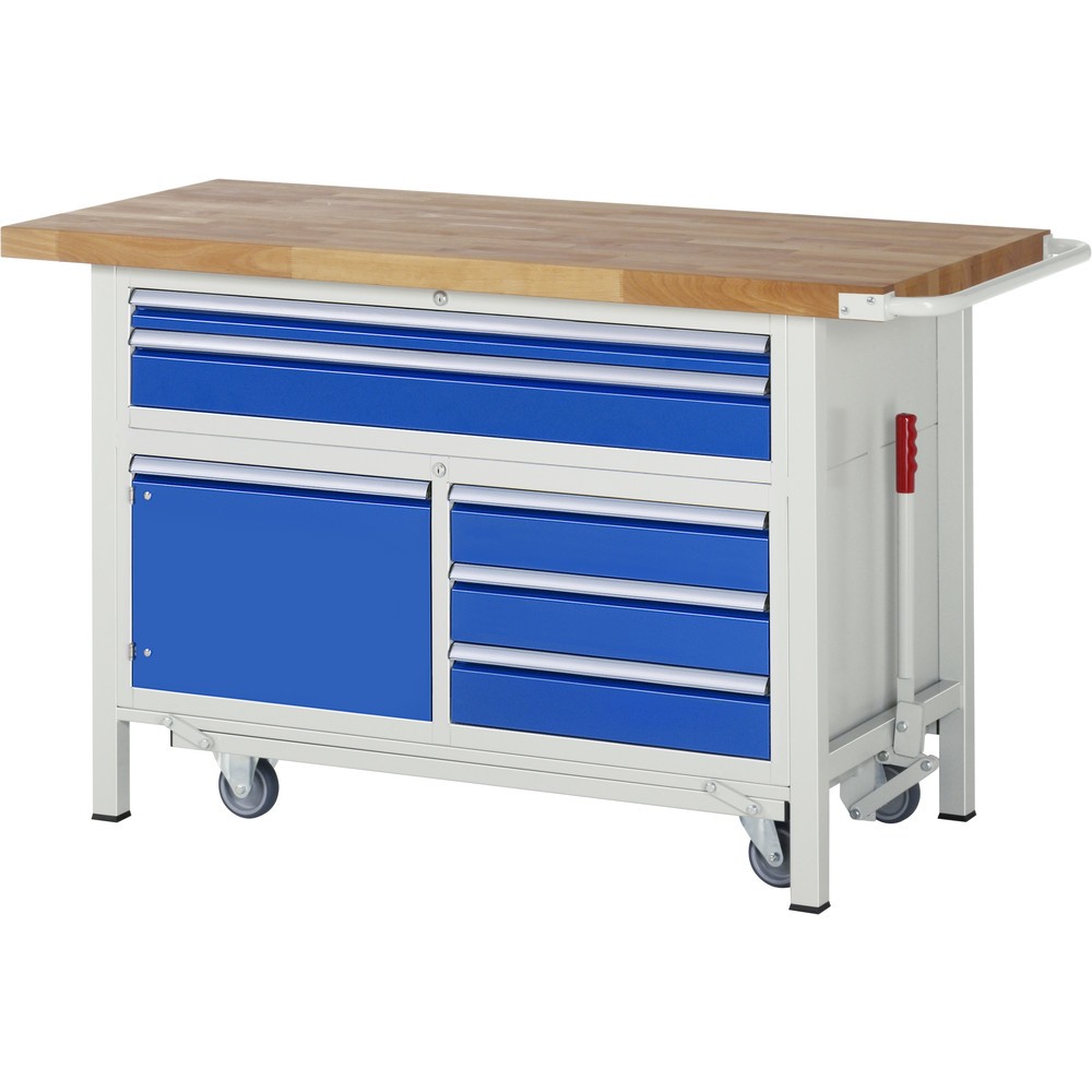 Produktabbildung: RAU Werkbank Serie 8000 mit absenkbarem Fahrgestell, 1 Dreifach-Container, HxBxT 920 x 1.500 x 700 mm, 5 x 90%-Auszug-Schubladen, 1 Flügeltür