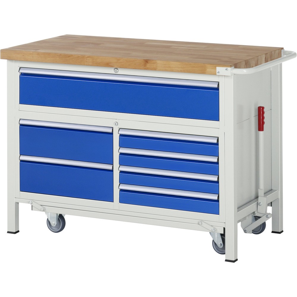 Produktabbildung: RAU Werkbank Serie 8000 mit absenkbarem Fahrgestell, 1 Dreifach-Container, HxBxT 920 x 1.250 x 700 mm, 7 x 90%-Auszug-Schubladen