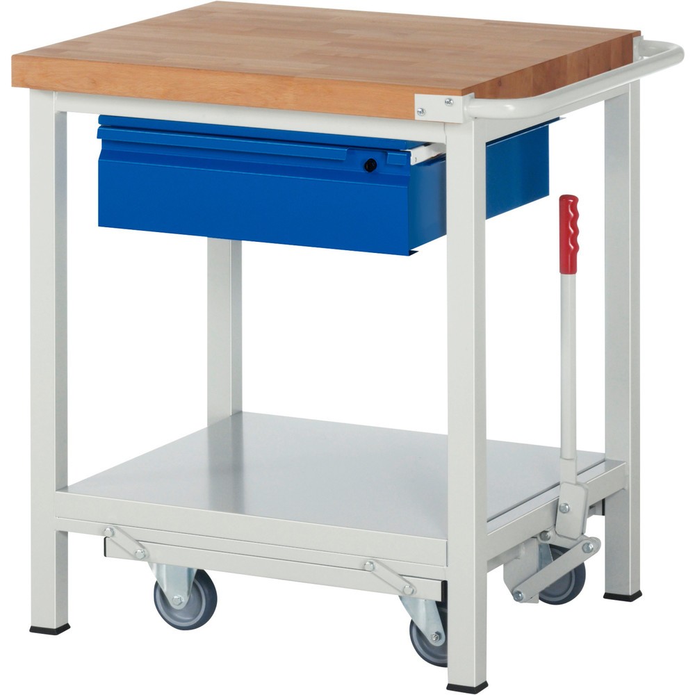 Produktabbildung Nr. 1: RAU Werkbank Serie 8000 mit absenkbarem Fahrgestell, HxBxT 880 x 750 x 700 mm, Ablageboden, 1 Schublade, integrierte Griffleiste
