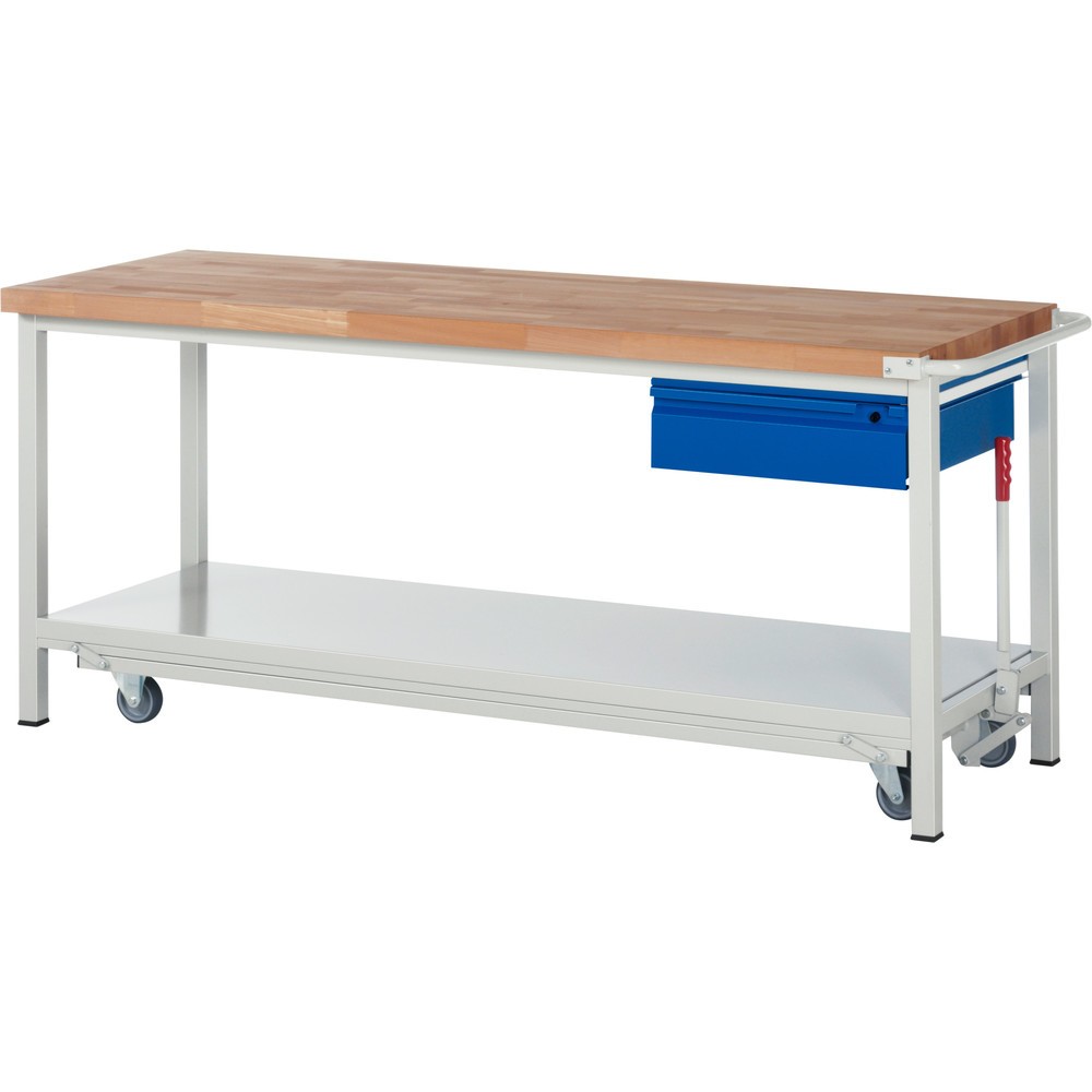 Produktabbildung: RAU Werkbank Serie 8000 mit absenkbarem Fahrgestell, HxBxT 880 x 2.000 x 700 mm, Ablageboden, 1 Schublade, integrierte Griffleiste