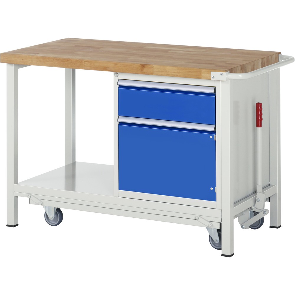 Produktabbildung Nr. 1: RAU Werkbank Serie 8000 mit absenkbarem Fahrgestell, 1 Container, 1 Ablageboden, HxBxT 880 x 1.500 x 700 mm, 1 x 90%-Auszug-Schubladen, 1 Flügeltür, ErgoScript