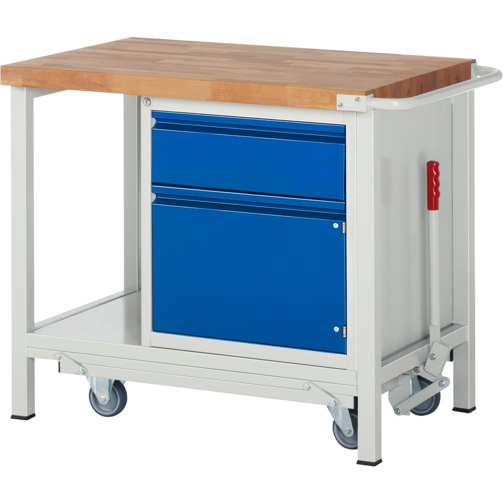 Produktabbildung Nr. 1: RAU Werkbank Serie 8000 mit absenkbarem Fahrgestell, 1 Container, 1 Ablageboden, HxBxT 880 x 1.000 x 700 mm, 1 x 90%-Auszug-Schubladen, 1 Flügeltür, Griffleiste