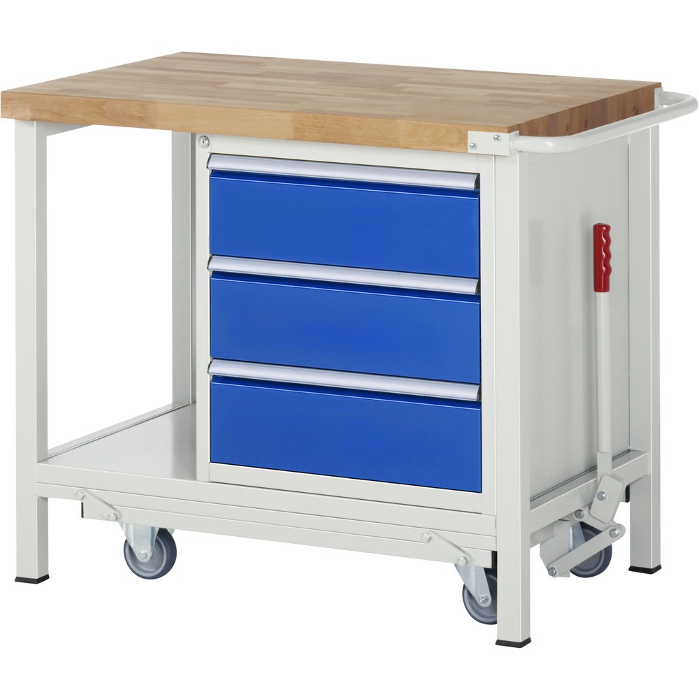 Produktabbildung Nr. 1: RAU Werkbank Serie 8000 mit absenkbarem Fahrgestell, 1 Container, 1 Ablageboden, HxBxT 880 x 1.000 x 700 mm, 3 x 90%-Auszug-Schubladen, Breite 490 mm, ErgoScript